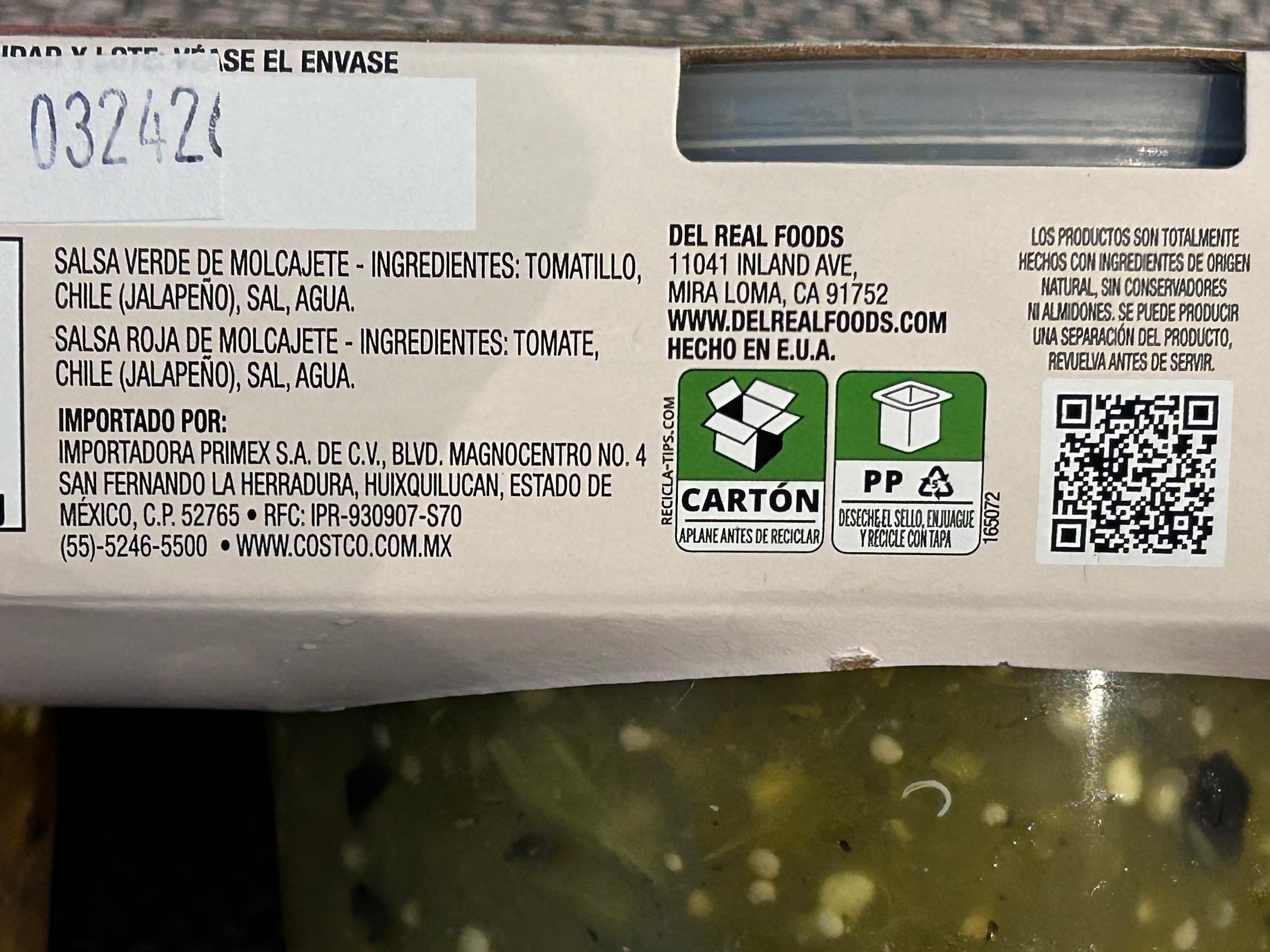 Back of the Del Real Salsa Roja y Verde package