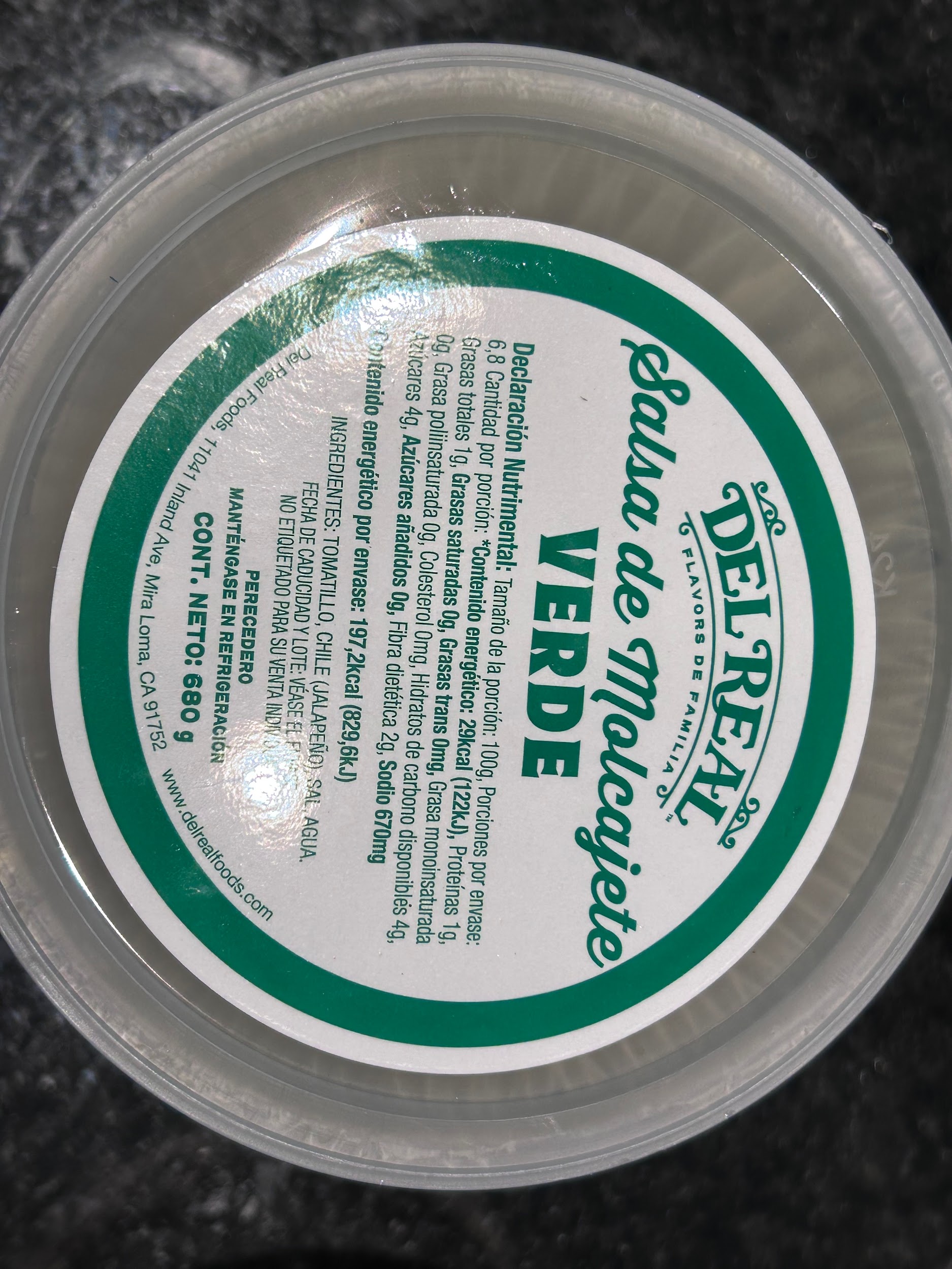Del Real red salsa ingredients and nutrition label