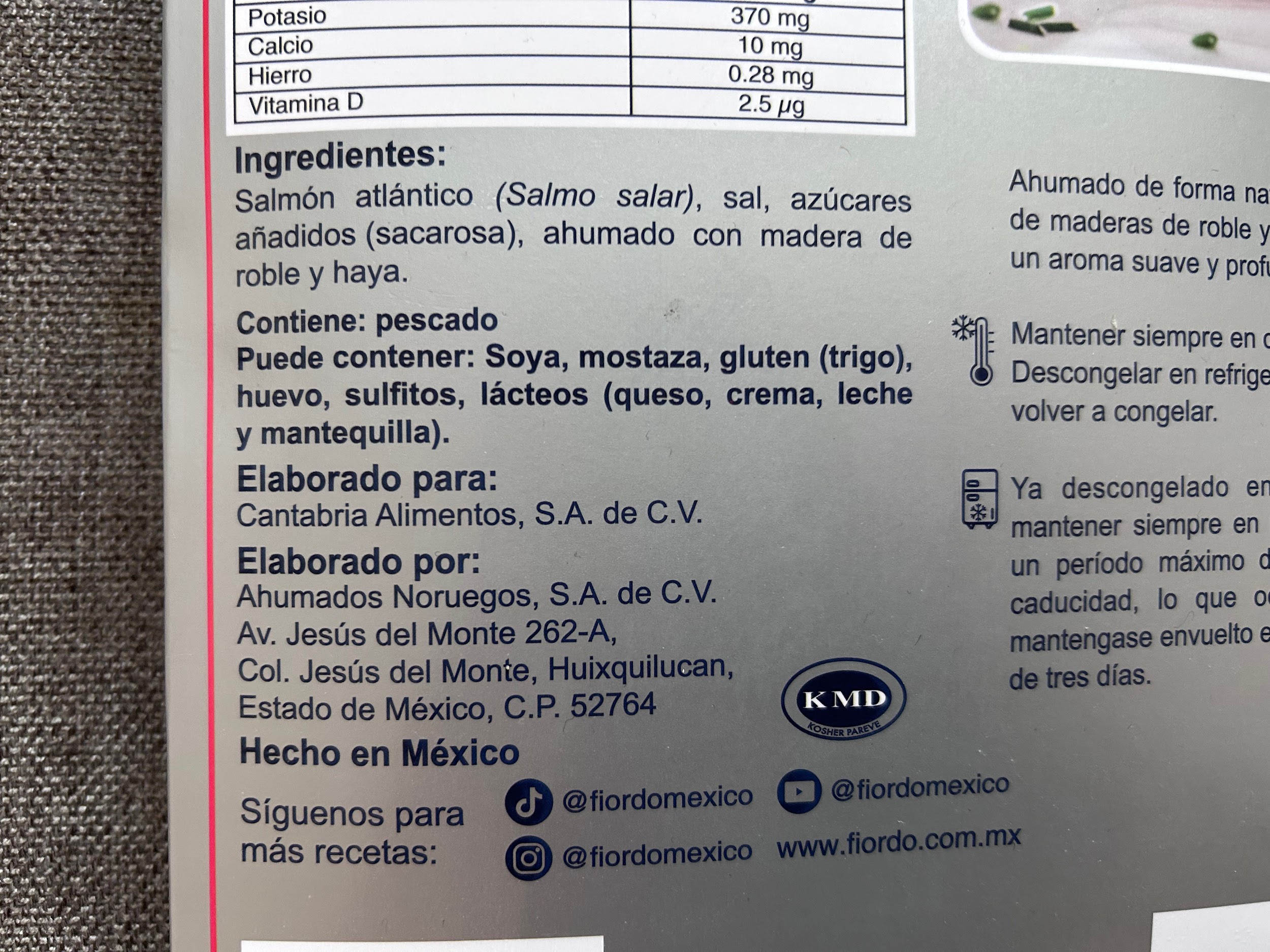FIORDO smoked salmon ingredient label