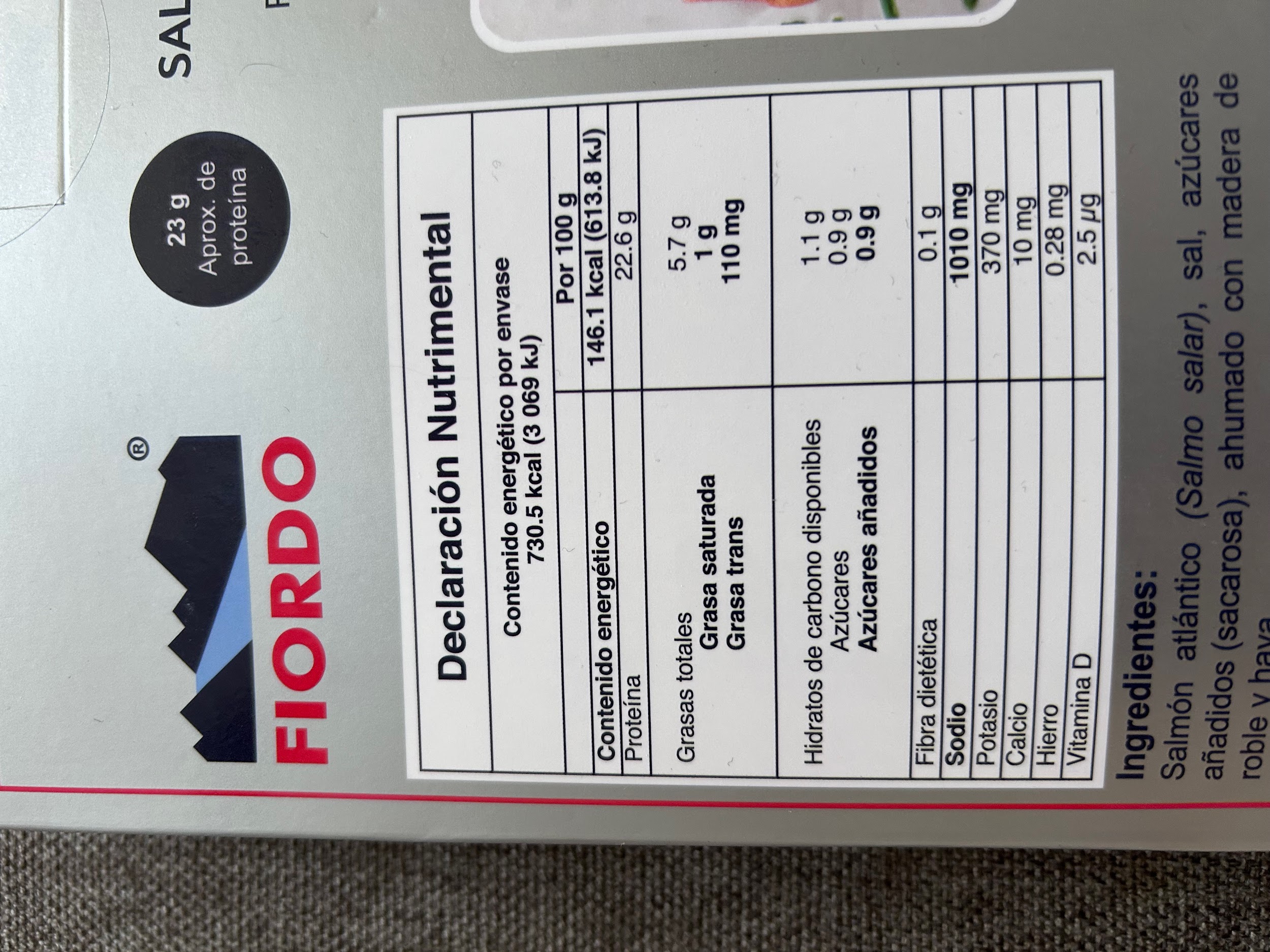 FIORDO smoked salmon nutrition label