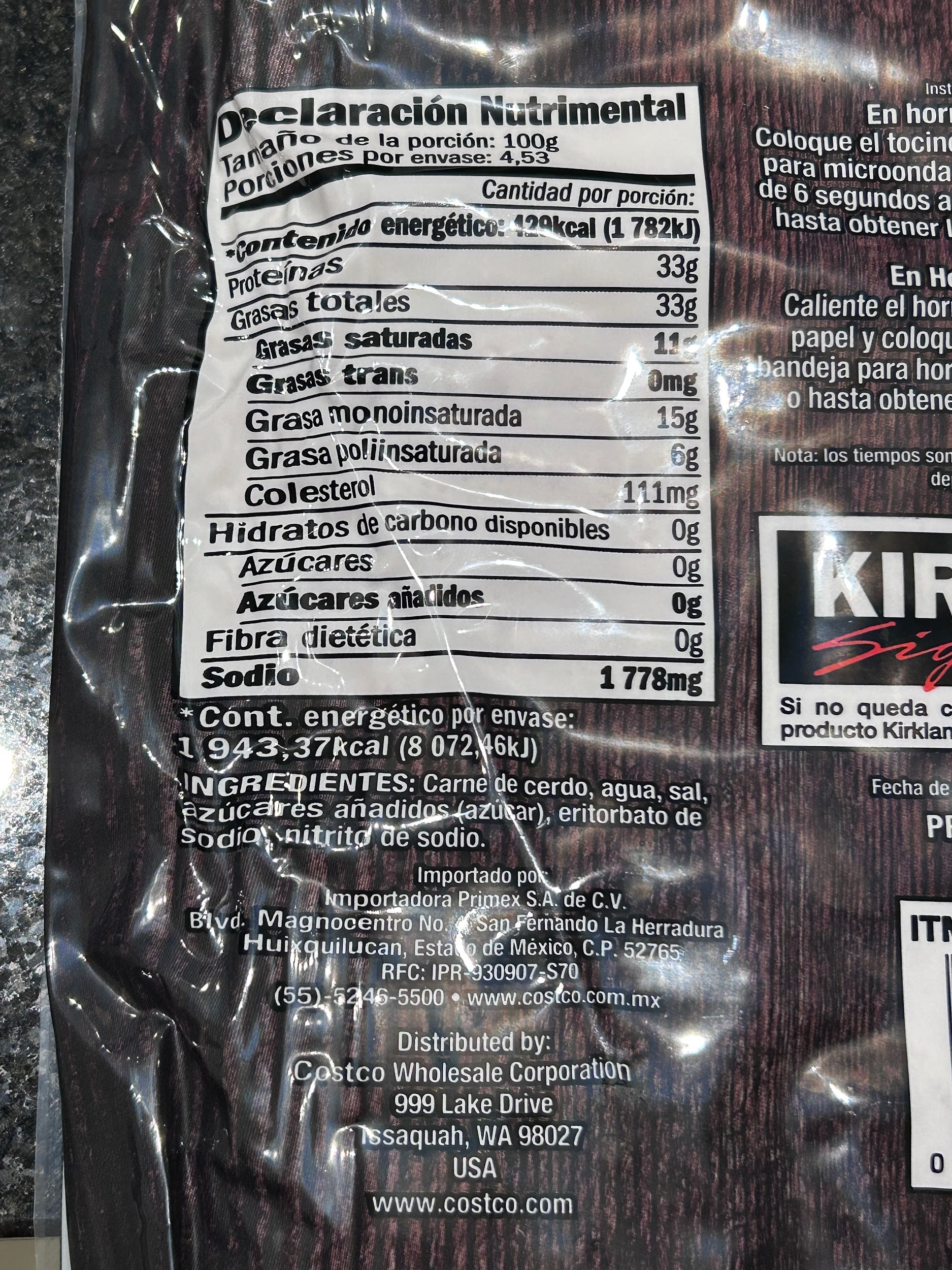 Kirkland Signature fully cooked bacon nutrition label