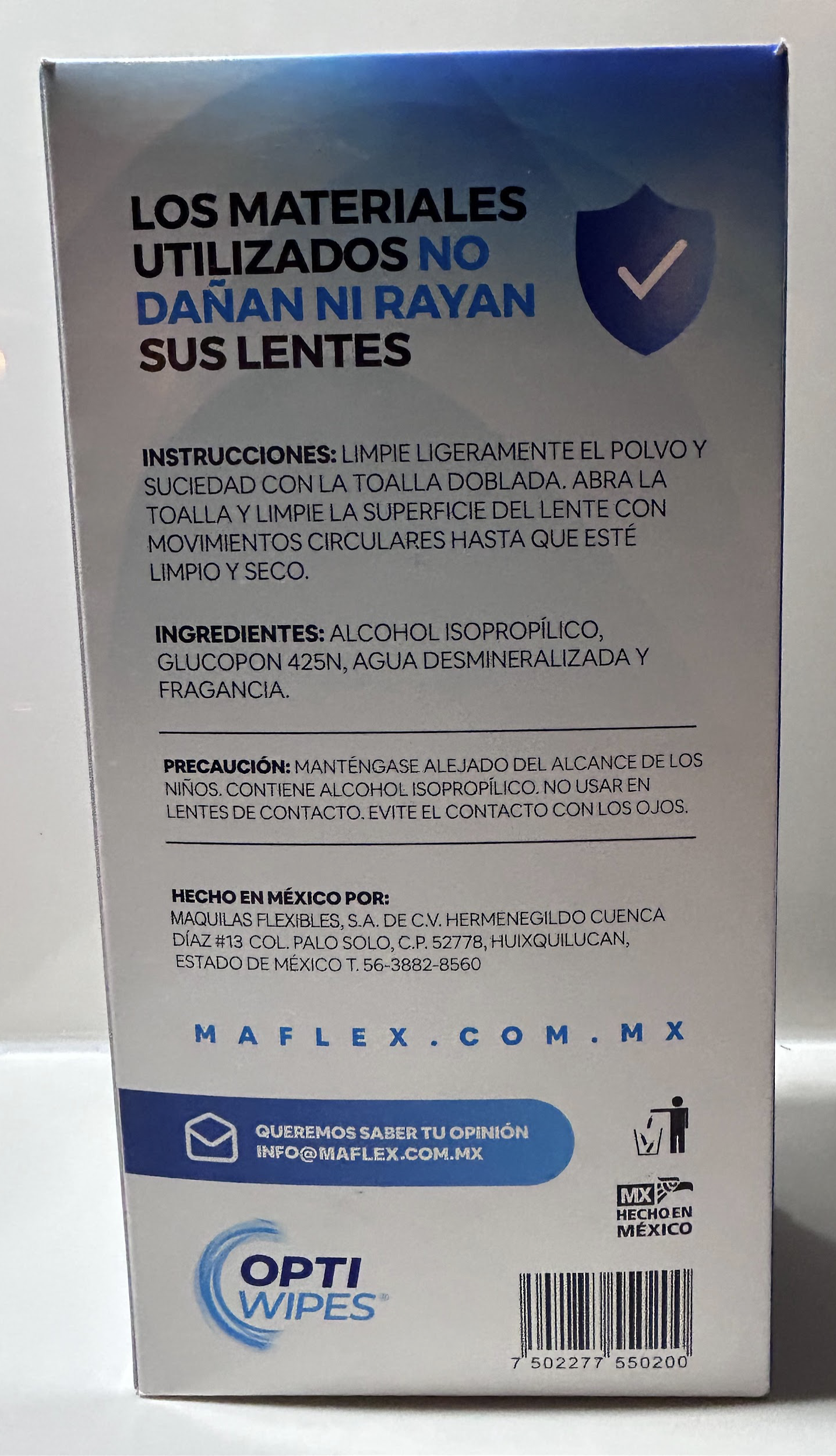 OPTI WIPES back panel with ingredients and instructions